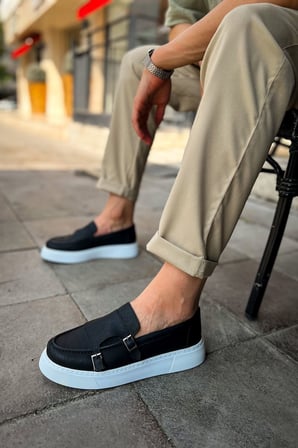 Erkek Siyah Beyaz Kemer Tokalı Loafer Ayakkabı - 417 - CBT Mancini 