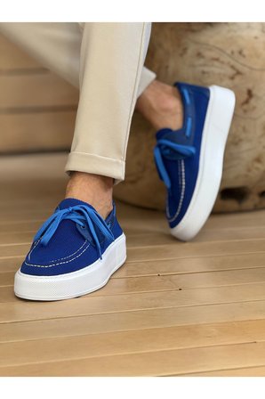 Erkek Mavi Triko Kalın Taban Loafer Ayakkabı - 2602 - Triko 