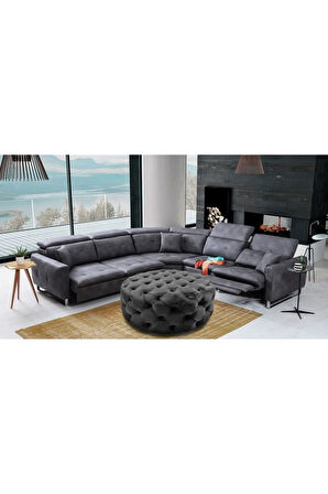Gri Yuvarlak Chester Model Kapitoneli Orta Puf