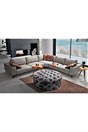 Açık Gri Yuvarlak Chester Model Kapitoneli Orta Puf