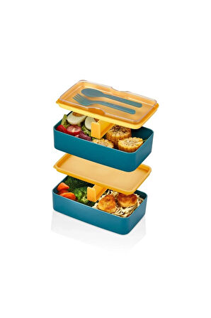 Yeşil Mega Boy 2 Katlı Yemek Saklama Kabı 2 Litre - Kendinden Çatal Kaşık Servisli Lunch Box Set