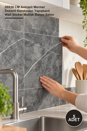 5 Adet Duvar Sticker – 30X30 CM Antrasit Mermer Desenli Kendinden Yapışkanlı Wall Sticker Mutfak Banyo Salon