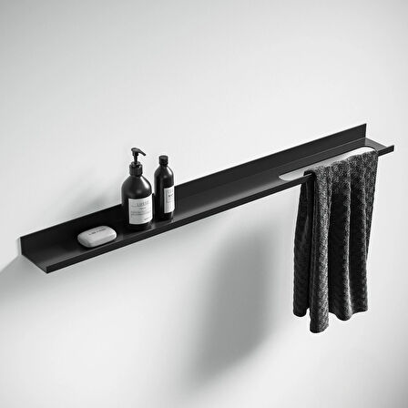 Metal Duvar Rafı Mat Siyah 60 cm | 1.5 mm Dkp Çelik, Havlu Askılı, Elekt­rostatik Toz Boyalı, Banyo-Mutfak Organizer