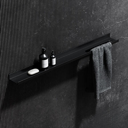 Metal Duvar Rafı Mat Siyah 60 cm | 1.5 mm Dkp Çelik, Havlu Askılı, Elekt­rostatik Toz Boyalı, Banyo-Mutfak Organizer