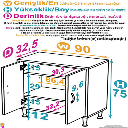 Efil Dolap Dar Alanlar İçin Çok Amaçlı Dolap 2 Kapaklı 3 Göz Raf Dolap 90x75x32,5 cm