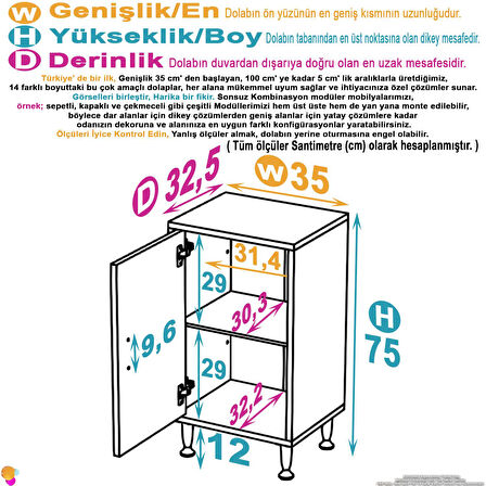 Efil Dolap Dar Alanlar İçin Çok Amaçlı Dolap 1 Kapaklı 2 Göz Raf Dolap 35x75x32,5 cm