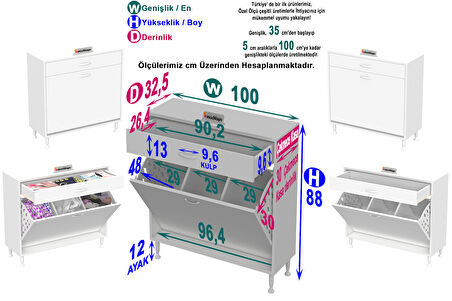 Mira 3 Göz Sepetli Dolap Kirli Çamaşır Dolabı Düzenleyici Dolap 100x88x32,5 Cm