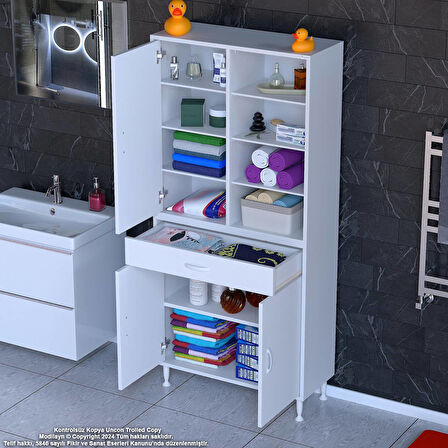 Kayra Banyo ve Mutfak Dolabı Çok Amaçlı Dolap Tek Çekmece 3 Kapak 7 Raf 10 Bölme 85x173x32,5 cm
