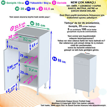 EMİR 35 x 88 x 32,5 cm Kapaklı ve Çekmeceli Çok Amaçlı Banyo&Mutfak Dolabı