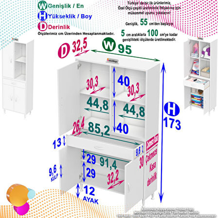 Kayra Banyo ve Mutfak Dolabı Çok Amaçlı Dolap Tek Çekmece 3 Kapak 3 Raf 6 Bölme 95x173x32,5 cm