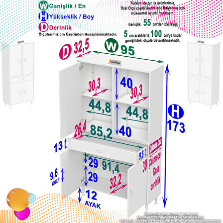 Sare Banyo ve Mutfak Dolabı Çok Amaçlı Dolap  Tek Çekmece 4 Kapak 3 Raf 6 Bölme 95x173x32,5 cm