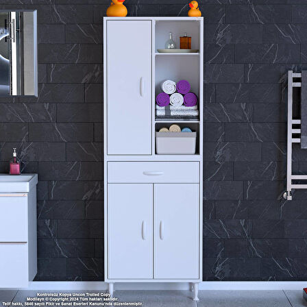 Kayra Banyo ve Mutfak Dolabı Çok Amaçlı Dolap Tek Çekmece 3 Kapak 5 Raf 8 Bölme 60x173x32,5 cm
