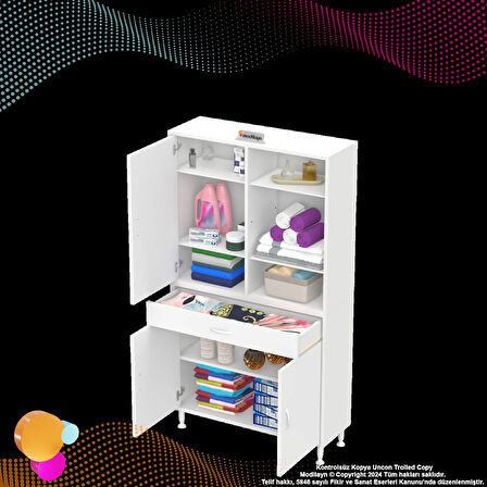 Kayra Banyo ve Mutfak Dolabı Çok Amaçlı Dolap Tek Çekmeceli 3 Kapaklı 5 Raf 8 Bölme 100x173x32,5 cm