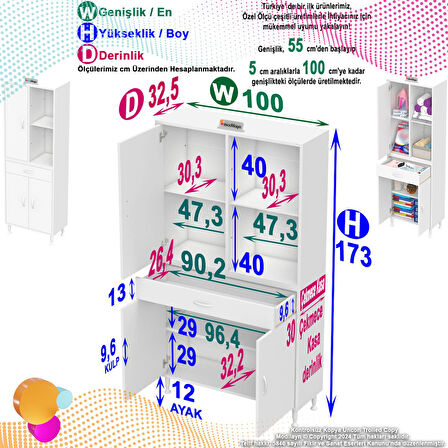 Kayra Banyo ve Mutfak Dolabı Çok Amaçlı Dolap 1 Çekmece 3 Kapak 3 Raflı 6 Bölme 100x173x32,5 cm