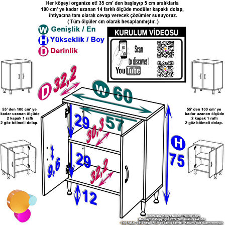 Efil Dolap Dar Alanlar İçin Çok Amaçlı Dolap 2 Kapaklı 2 Göz Raf Dolap 60x75x32,5 cm