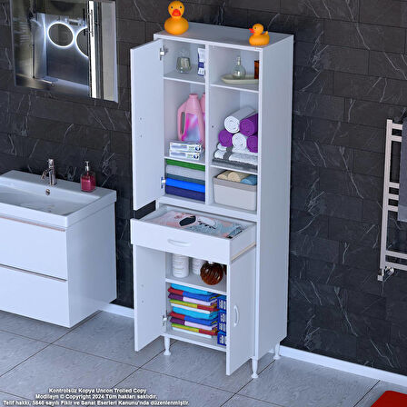 Kayra Banyo ve Mutfak Dolabı Çok Amaçlı Dolap Tek Çekmece 3 Kapak 5 Raf 8 Bölme 55x173x32,5 cm