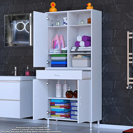 Kayra Banyo ve Mutfak Dolabı Çok Amaçlı Dolap Tek Çekmeceli 3 Kapaklı 5 Raf 8 Bölme 80x173x32,5 cm