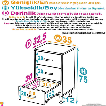 Efil 3'lü Çekmece Banyo Dolabı Çok Amaçlı Çekmecelerle Daha Düzenli 35x75x32,5 cm