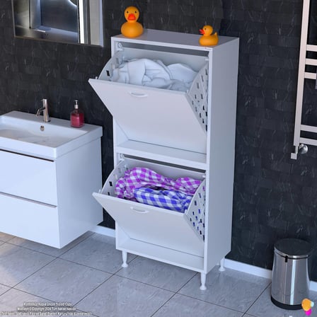 Veluna 55 cm Kirli Çamaşır Sepetli Dolap Banyo Dolabı Beyaz 55x138x32,5 cm 2 Sepetli Dolap