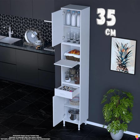 Çağıl 35 cm Çok Amaçlı Organizer Dolap - Mutfak Kiler Banyo Antre Hobi Dolabı Beyaz 35x226x32 cm