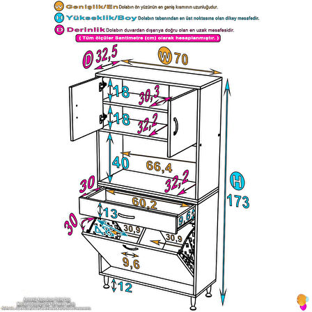 Azra 1 Çekmece 2 Göz Sepetli ve 3 Raflı Banyo Ve Mutfak Dolabı Çok Amaçlı Dolap 70x173x32,5 cm