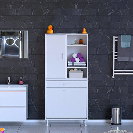 Kayra Tek Çekmece, 2 Göz Sepet, 1 Kapak, 6 Raf Dar Alan Banyo Dolabı 80x173x32,5 cm