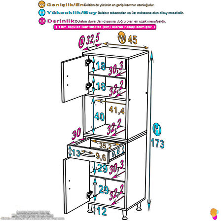 Azra Mutfak Ve Banyo Dolabı Tek Çekmece 2 kapak ve 5 raflı Çok Amaçlı Dolap 45x173x32,5 cm