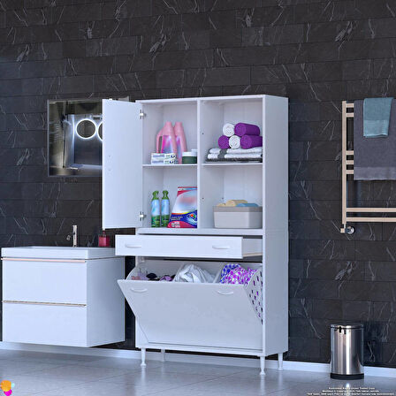 Kayra Tek Çekmece, 3 Göz Sepet, 1 Kapak, 4 Raf Dar Alan Banyo Dolabı 95x173x32,5 cm