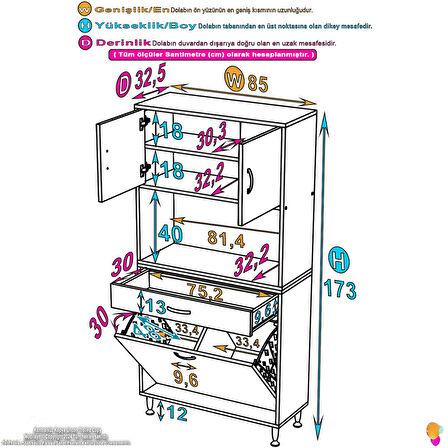 Azra Tek Çekmece 2 Göz Sepetli ve 3 Raf Banyo Ve Mutfak Dolabı Çok Amaçlı Dolap 85x173x32,5 cm