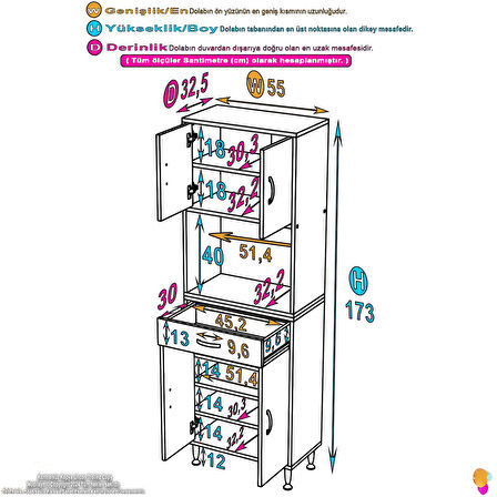 Azra Mutfak Ve Banyo Dolabı Tek Çekmece 4 kapak ve 7 raflı Çok Amaçlı Dolap 55x173x32,5 cm