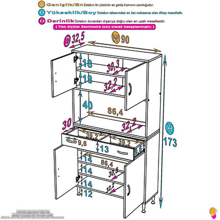 Azra Mutfak Ve Banyo Dolabı Tek Çekmece 4 kapak ve 7 raflı Çok Amaçlı Dolap 90x173x32,5 cm