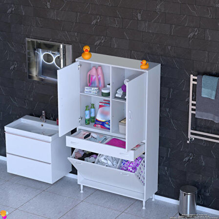 YENİ Kayra Tek Çekmece, 3 Göz Sepet, 2 Kapak, 4 Raf Dar Alan Banyo Dolabı 90x173x32,5 cm