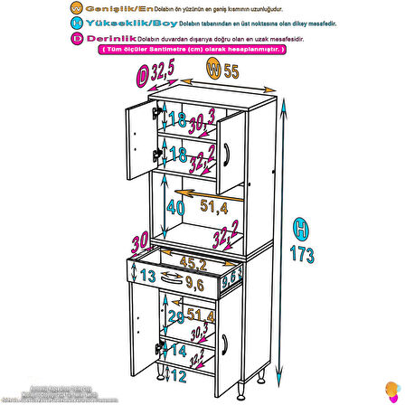 Azra Mutfak Ve Banyo Dolabı Tek Çekmece 4 kapak ve 6 raflı Çok Amaçlı Dolap 55x173x32,5 cm