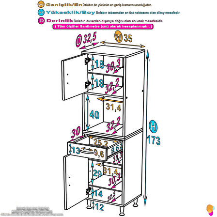 Azra Mutfak Ve Banyo Dolabı Tek Çekmece 2 kapak ve 6 raflı Çok Amaçlı Dolap 35x173x32,5 cm
