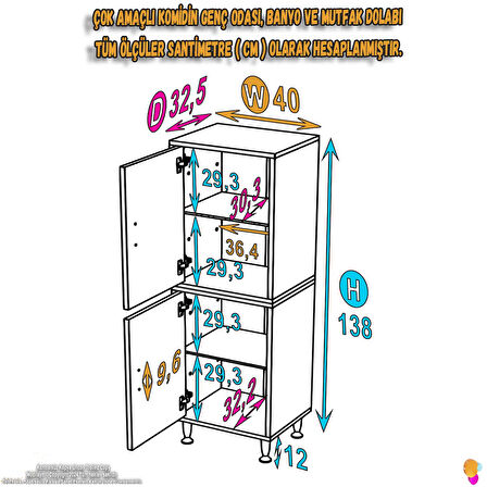 Elmas  Çok Amaçlı Dolap  40 cm 4 Kapak 4 Bölmeli Banyo Mutfak Dolabı 40x138x32,5 cm