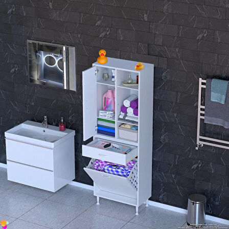 Kayra Banyo Dolabı Tek Çekmece, 1 Göz Sepet, 1 Kapak, 6 Raf Dar Alan Banyo Dolabı 60x173x32,5 cm