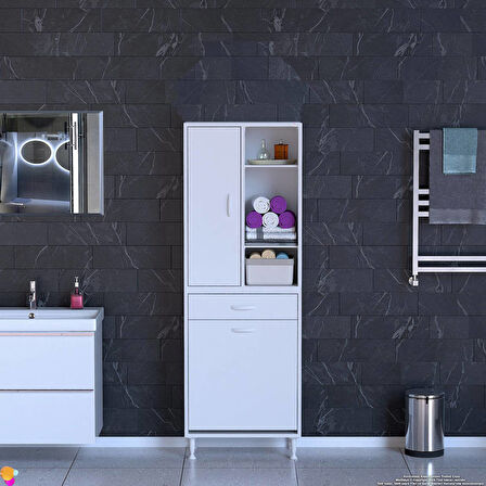 Kayra Banyo Dolabı Tek Çekmece, 1 Göz Sepet, 1 Kapak, 6 Raf Dar Alan Banyo Dolabı 60x173x32,5 cm