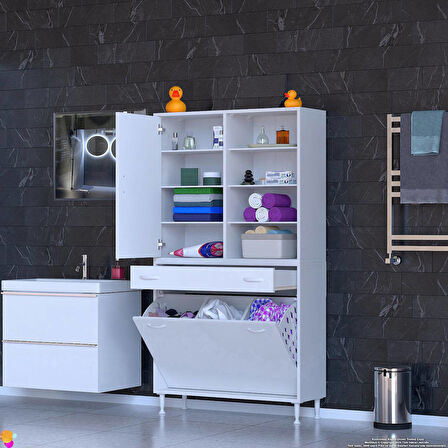 Kayra 1 Çekmece, 3 Göz Sepet, Tek Kapak, 8 Raf Dar Alan Banyo Dolabı 90x173x32,5 cm