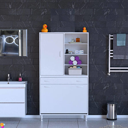 Kayra 1 Çekmece, 3 Göz Sepet, Tek Kapak, 8 Raf Dar Alan Banyo Dolabı 90x173x32,5 cm