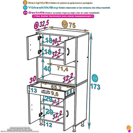 Azra Mutfak Ve Banyo Dolabı Tek Çekmece 4 kapak ve 5 raflı Çok Amaçlı Dolap 70x173x32,5 cm