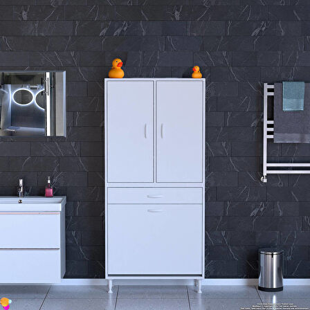 YENİ Kayra Tek Çekmece, 2 Göz Sepet, 2 Kapak, 6 Raf Dar Alan Banyo Dolabı 75x173x32,5 cm