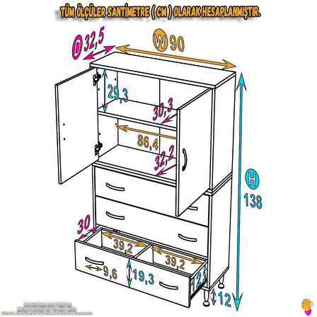 Esil Çok Amaçlı Dolap Kapak İçi Çift Raflı ve 3 Çekmeceli Düzen Harikası Dolap 90x138x32,5 cm