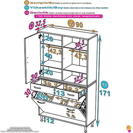 Kayra Banyo Dolabı Tek Çekmece, 3 Göz Sepet, 1 Kapak, 6 Raf Dar Alan Banyo Dolabı 90x173x32,5 cm