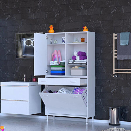 Kayra Banyo Dolabı Tek Çekmece, 3 Göz Sepet, 1 Kapak, 6 Raf Dar Alan Banyo Dolabı 90x173x32,5 cm