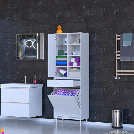 Kayra 1 Çekmece, 1 Göz Sepet, Tek Kapak, 8 Raf Dar Alan Banyo Dolabı 65x173x32,5 cm