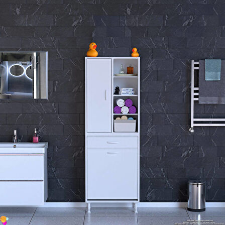 Kayra 1 Çekmece, 1 Göz Sepet, Tek Kapak, 8 Raf Dar Alan Banyo Dolabı 65x173x32,5 cm