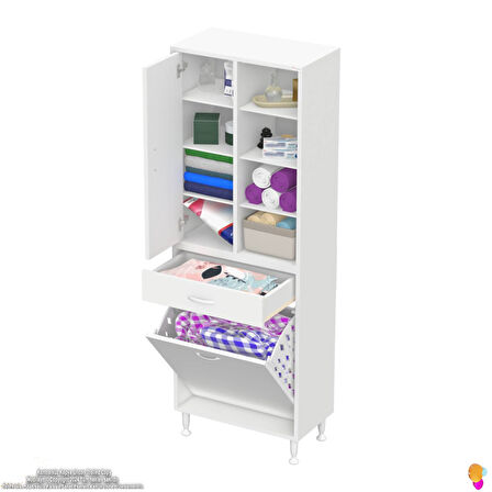 Kayra 1 Çekmece, 1 Göz Sepet, Tek Kapak, 8 Raf Dar Alan Banyo Dolabı 65x173x32,5 cm