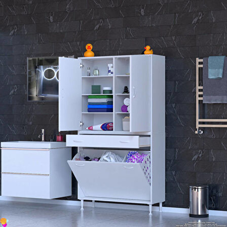 YENİ Kayra Tek Çekmece, 3 Göz Sepet, 2 Kapak, 8 Raf Dar Alan Banyo Dolabı 95x173x32,5 cm
