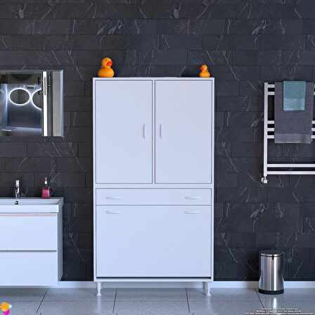 YENİ Kayra Tek Çekmece, 3 Göz Sepet, 2 Kapak, 8 Raf Dar Alan Banyo Dolabı 95x173x32,5 cm