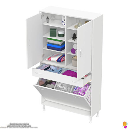 YENİ Kayra Tek Çekmece, 3 Göz Sepet, 2 Kapak, 8 Raf Dar Alan Banyo Dolabı 95x173x32,5 cm